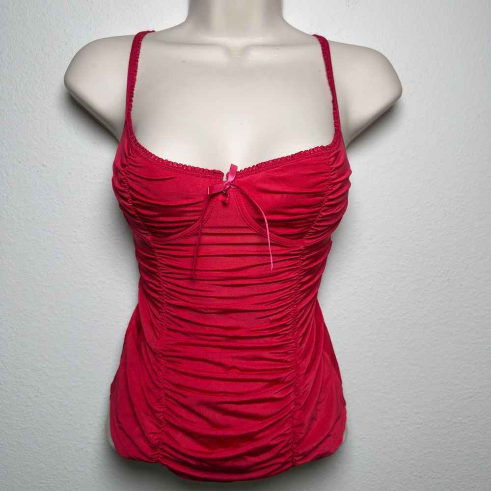 VTG 2006 VS Women Babydoll Cami Top Small Red Ruched Bustier Bow Heart Charm